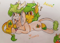 Size: 1080x780 | Tagged: safe, artist:euspuche, oc, oc:ananá, oc:momo budo, deer, deer pony, original species, female, juice, juice box, looking at each other, raba-pony, simple background, sisters, smiling, tongue out, traditional art, white background