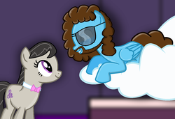 Size: 1301x891 | Tagged: safe, artist:grapefruitface1, octavia melody, oc, oc:electric light (jeff lynne pony), earth pony, pegasus, pony, g4, background pony, beard, bowtie, canon x oc, cloud, electric light orchestra, elo, equestria light orchestra, facial hair, female, indoors, jeff lynne, looking at each other, male, mare, musician, octavia melody x jeff lynne, on a cloud, ponified, shipping, show accurate, sitting, sitting on a cloud, stallion, straight, sunglasses