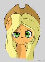 Size: 722x983 | Tagged: safe, artist:camper, applejack, earth pony, pony, g4, ear, face, female, food, hat, solo, wheat
