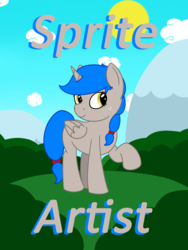 Size: 900x1200 | Tagged: safe, artist:spritepony, oc, oc only, oc:sprite, alicorn, pony, alicorn oc, badge, bush, cloud, convention badge, hill, solo, standing, text