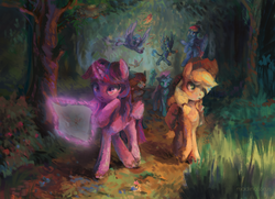 Size: 1854x1340 | Tagged: safe, artist:malinetourmaline, applejack, gallus, ocellus, rainbow dash, sandbar, silverstream, smolder, twilight sparkle, yona, alicorn, changedling, changeling, classical hippogriff, dragon, earth pony, griffon, hippogriff, pegasus, pony, yak, g4, season 8, dragoness, female, levitation, magic, map, student six, telekinesis, thinking, twilight sparkle (alicorn)