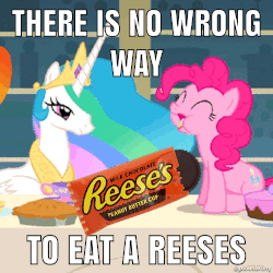 Size: 750x750 | Tagged: safe, edit, edited screencap, screencap, pinkie pie, princess celestia, a bird in the hoof, g4, animated, chewing, chocolate, cute, diapinkes, eating, female, food, gif, meme, nom, peanut butter, reese's, reese's peanut butter cups, there is no wrong way to fantasize