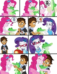 Size: 1275x1650 | Tagged: safe, artist:trinityinyang, gummy, pinkie pie, rarity, oc, oc:copper plume, comic:the copperpie chronicles, equestria girls, equestria girls series, g4, bow, canon x oc, clothes, comic, commissioner:imperfectxiii, copperpie, female, freckles, glasses, glasses rarity, happy, hug, male, neckerchief, plushie, rarity's glasses, sad, sewing machine, shirt, simple background, skirt, smiling, straight, white background