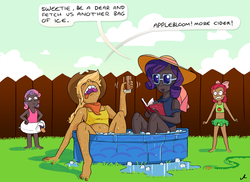 Size: 4400x3200 | Tagged: safe, artist:docwario, apple bloom, applejack, rarity, sweetie belle, human, g4, angry, bandana, barefoot, belly button, book, clothes, dark skin, drink, feet, female, fence, glass, group, hairy legs, hand on hip, human coloration, humanized, ice, ice cube, midriff, nail polish, open mouth, quartet, sisters, speech bubble, sunglasses, swimming pool, swimsuit, water