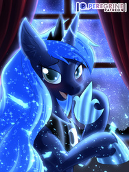 Size: 600x800 | Tagged: safe, artist:phoenixperegrine, princess luna, alicorn, pony, g4, curtains, cute, ethereal mane, female, galaxy mane, hoof shoes, looking at you, lunabetes, mare, night, patreon, patreon logo, smiling, solo, stars, window