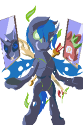 Size: 800x1200 | Tagged: safe, artist:dinexistente, oc, oc only, oc:omma, changeling, blue changeling, changeling oc, cleric, fire, green fire, implied transformation, pixel art, shaman, simple background, solo, transparent background