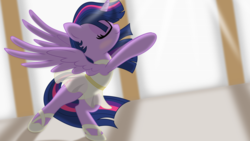 Size: 2844x1600 | Tagged: safe, alternate version, artist:eagle1division, twilight sparkle, alicorn, pony, g4, ballerina, bipedal, clothes, crepuscular rays, cropped, dancing, dress, eyes closed, eyeshadow, female, leotard, makeup, mare, raised hoof, smiling, solo, spread wings, standing on two hooves, tutu, twilarina, twilight sparkle (alicorn), windswept mane, windswept tail, wings
