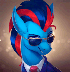 Size: 500x518 | Tagged: safe, artist:rodrigues404, oc, oc only, oc:andrew swiftwing, pegasus, pony, animated, bust, camera flashes, celebrity, cinemagraph, clothes, gif, grin, jacket, looking at you, male, necktie, portrait, smiling, solo, stallion, suit, sunglasses, teeth