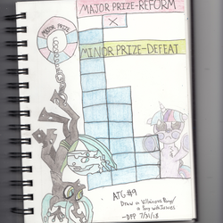 Size: 2000x2000 | Tagged: safe, artist:deluxeflame, queen chrysalis, twilight sparkle, alicorn, pony, g4, against glass, atg 2018, colored pencil drawing, failure, glass, hanging, hanging upside down, high res, keychain, newbie artist training grounds, stacker (arcade), traditional art, twilight sparkle (alicorn)
