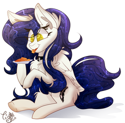 Size: 4060x4000 | Tagged: safe, artist:tizhonolulu, oc, oc only, oc:bluebell, pegasus, pony, commission, eating, food, sitting, solo