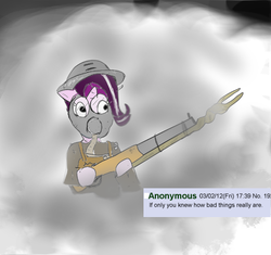 Size: 572x538 | Tagged: safe, artist:php162, starlight glimmer, g4, /mlp/, color, drawthread, gas mask, gun, helmet, if only you knew how bad things really are, mask, parody, s5 starlight, smoke, staff, staff of sameness, weapon