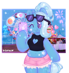 Size: 3400x3600 | Tagged: safe, artist:bunxl, trixie, unicorn, anthro, semi-anthro, unguligrade anthro, g4, arm hooves, belly button, boob window, breasts, chubby, clothes, emoji, female, ferris wheel, fireworks, heart, heart eyes, heart shaped boob window, high res, mare, midriff, muffin top, phone, shorts, simple background, solo, starry eyes, sunglasses, transparent background, wingding eyes