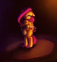 Size: 3200x3500 | Tagged: safe, artist:miokomata, fluttershy, pegasus, pony, g4, bipedal, dark, female, head tilt, high res, knife, looking at you, mare, serious, serious face, solo, toothpick