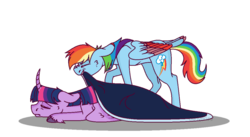 Size: 1024x561 | Tagged: safe, artist:curlyfriesarenice, artist:joburii, rainbow dash, twilight sparkle, alicorn, pegasus, pony, g4, blanket, cloven hooves, colored wings, curved horn, cutie mark, eyes closed, female, horn, lesbian, mare, mouth hold, ship:twidash, shipping, simple background, sleeping, story included, transparent background, tucking in, twilight sparkle (alicorn)