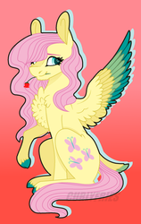 Size: 1024x1624 | Tagged: safe, artist:curlyfriesarenice, artist:joburii, fluttershy, pegasus, pony, g4, chest fluff, cloven hooves, colored hooves, colored wings, colored wingtips, cutie mark, female, flower, gradient background, hair over one eye, mare, mouth hold, raised hoof, sitting, solo, spread wings, tail feathers, wings