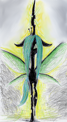 Size: 462x842 | Tagged: safe, artist:t72b, derpibooru exclusive, queen chrysalis, changeling, changeling queen, g4, female, hair over one eye, looking at you, newbie artist training grounds, slit pupils, smoke, stylized, thin, traditional art, walking