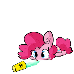 Size: 1650x1650 | Tagged: safe, artist:tjpones edits, edit, pinkie pie, earth pony, pony, g4, :p, cute, diapinkes, ear fluff, female, ionizing radiation warning symbol, mare, pinkie being pinkie, prone, radiation, radiation sign, radioactive, radioactive waste, silly, silly pony, simple background, solo, spilled drink, sploot, this will end in radiation poisoning, tongue out, white background, xk-class end-of-the-world scenario
