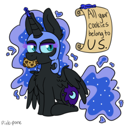 Size: 900x900 | Tagged: safe, artist:pink-pone, nightmare moon, pony, g4, all your base are belong to us, colored eyelashes, cookie, female, food, magic, mouth hold, scroll, sitting, solo, typo of unintentional hilarity
