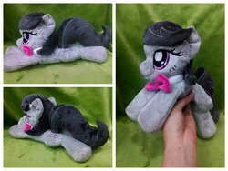 Size: 1600x1200 | Tagged: safe, artist:equinepalette, octavia melody, earth pony, pony, g4, beanie (plushie), bowtie, female, hand, irl, mare, photo, plushie, prone, solo