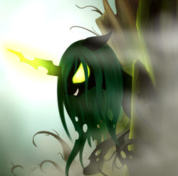 Size: 1024x1015 | Tagged: safe, artist:zetamad, queen chrysalis, changeling, changeling queen, g4, evil grin, female, field, fog, glowing, glowing eyes, glowing horn, grin, horn, smiling, solo
