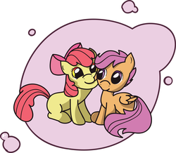 Size: 2801x2442 | Tagged: safe, artist:app1ebloom, apple bloom, scootaloo, earth pony, pegasus, pony, g4, abstract background, biting, cute, ear bite, female, filly, high res, lesbian, ship:scootabloom, shipping