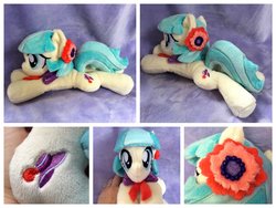 Size: 1600x1200 | Tagged: safe, artist:equinepalette, coco pommel, earth pony, pony, g4, beanie (plushie), clothes, female, hand, irl, mare, photo, plushie, prone, solo