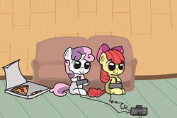 Size: 2500x1667 | Tagged: safe, artist:app1ebloom, apple bloom, sweetie belle, earth pony, pony, unicorn, g4, console, controller, couch, cute, duo, female, filly, food, gamer belle, joystick, meat, pepperoni, pepperoni pizza, pizza, pizza box, tongue out, video game, wires