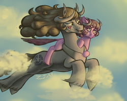 Size: 5000x4000 | Tagged: safe, artist:zintenka, oc, oc only, oc:dappled crag, oc:rhine crag, bicorn, pony, absurd resolution, airborne, blank flank, cloud, cutie mark, female, filly, flying, horn, looking at each other, mare, mother and daughter, sunset, unshorn fetlocks