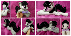 Size: 1600x807 | Tagged: safe, artist:equinepalette, octavia melody, earth pony, pony, g4, beanie (plushie), bowtie, hand, irl, photo, plushie, prone, solo