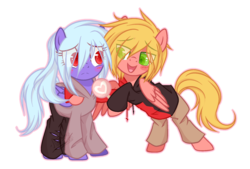 Size: 1600x1084 | Tagged: safe, artist:snowbunny0820, oc, oc only, oc:finlay, oc:snowbunny, pegasus, pony, base used, candy, clothes, eye clipping through hair, female, food, hair over one eye, hoodie, hoof hold, lollipop, male, mare, pants, simple background, stallion, transparent background