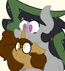 Size: 1238x1351 | Tagged: safe, artist:somefrigginnerd, oc, oc only, oc:gadget flare, oc:vozzii, earth pony, pony, unicorn, bust, colored sketch, duo, female, glasses, male, nuzzling, oc x oc, shipping, simple background, straight, yellow background