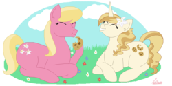 Size: 2000x1000 | Tagged: safe, artist:kalimoo-art, lily, lily valley, sweet biscuit, pony, g4, cookie, eating, flower, food, grass, simple background, smiling, transparent background