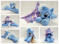 Size: 1024x768 | Tagged: safe, artist:equinepalette, trixie, pony, unicorn, g4, beanie (plushie), cape, clothes, female, hand, hat, irl, mare, photo, plushie, prone, solo, trixie's cape, trixie's hat