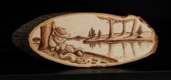 Size: 1280x599 | Tagged: safe, artist:horseez, applejack, earth pony, pony, g4, female, mare, on back, pyrography, river, sleeping, smiling, solo, traditional art, tree