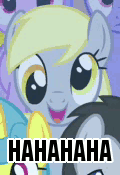 Size: 120x175 | Tagged: safe, edit, edited screencap, screencap, derpy hooves, pegasus, pony, g4, putting your hoof down, animated, background pony, background pony audience, cute, derpabetes, female, gif, gif for breezies, haha, haha wow, image macro, laughing, mare, meme, picture for breezies, reaction image, smiling, solo focus, text, wow