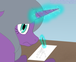 Size: 1100x900 | Tagged: safe, artist:terton, oc, oc only, oc:shimmering veil, pony, atg 2018, desk, drawing, female, glowing horn, horn, looking at you, magic, mare, newbie artist training grounds, paper, pencil, solo