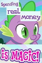 Size: 316x474 | Tagged: safe, editor:useraccount, gameloft, spike, dragon, g4, caption, costs real money, expand dong, exploitable meme, fangs, greedloft, image macro, male, meme, smiling, solo, winged spike, wings, wow! glimmer