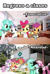 Size: 1030x1546 | Tagged: safe, apple bloom, babs seed, cheerilee, lyra heartstrings, scootaloo, sweetie belle, g4, cutie mark crusaders, expectation vs reality, spanish