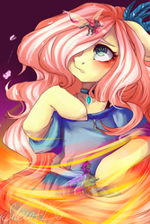 Size: 3000x4500 | Tagged: safe, artist:sileentdo, fluttershy, breezie, changeling, hybrid, pegasus, pony, g4, clothes, dress, female, hair over one eye, jewelry, looking at something, looking up, mare, necklace