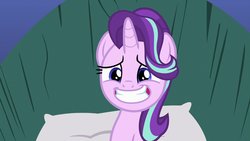 Size: 1920x1080 | Tagged: safe, screencap, starlight glimmer, pony, unicorn, g4, rock solid friendship, bed, cute, female, glimmerbetes, mare, nervous, smiling, solo