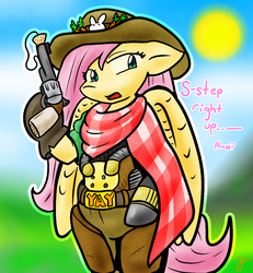 Size: 1200x1299 | Tagged: safe, artist:zutcha, fluttershy, semi-anthro, g4, clothes, cosplay, costume, crossover, female, jesse mccree, overwatch, solo