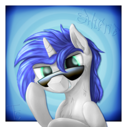 Size: 2400x2400 | Tagged: safe, artist:thefunnysmile, oc, oc only, oc:shifting gear, pony, unicorn, bust, cool, fluffy, high res, looking at you, portrait, simple background, solo, sunglasses
