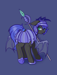 Size: 2600x3400 | Tagged: safe, artist:soulfulmirror, oc, oc only, oc:nebula wings, bat pony, pony, armor, bat pony oc, blue background, dock, fangs, female, guardsmare, helmet, high res, looking at you, looking back, mare, night guard, raised tail, royal guard, simple background, smiling, smirk, solo, spear, tail, tail aside, tail wrap, weapon, wings