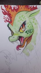 Size: 1161x2064 | Tagged: safe, artist:imalou, tianhuo (tfh), dragon, hybrid, longma, them's fightin' herds, community related, female, partial color, tongue out, traditional art, wip