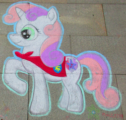 Size: 3269x3120 | Tagged: safe, artist:malte279, sweetie belle, pony, unicorn, galacon, galacon 2018, g4, chalk drawing, claire corlett, cutie mark, high res, the cmc's cutie marks, traditional art