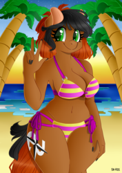 Size: 1024x1448 | Tagged: safe, artist:sk-ree, oc, oc only, earth pony, anthro, beach, bikini, clothes, nail polish, solo, sunset, swimsuit