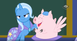 Size: 1366x728 | Tagged: safe, screencap, trixie, flying pig, pig, a matter of principals, g4, wings