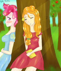 Size: 3000x3500 | Tagged: safe, artist:marie-tea-chan, cup cake, pear butter, human, equestria girls, g4, apple tree, book, clothes, dress, eyes closed, female, hair, high res, humanized, infidelity, lesbian, love, ship:buttercake, shipping, sleeping, tree