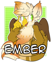 Size: 1280x1553 | Tagged: safe, artist:bbsartboutique, oc, oc only, oc:ember burd, griffon, badge, con badge, eared griffon, griffon oc, simple background, smiling, solo, transparent background