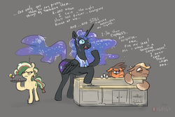 Size: 1000x667 | Tagged: safe, artist:bigrigs, nightmare moon, alicorn, earth pony, pony, g4, alcohol, annoyed, background pony, bags under eyes, bar, drunk, drunk bubbles, ethereal mane, female, gray background, male, mare, simple background, speech, stallion, starry mane, tray, waitress